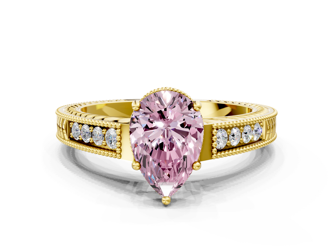 Yellow gold Fancy Pink Pear  Cut Milgrain Channel Set Engagement Ring with Solitaire Prong Setting_91