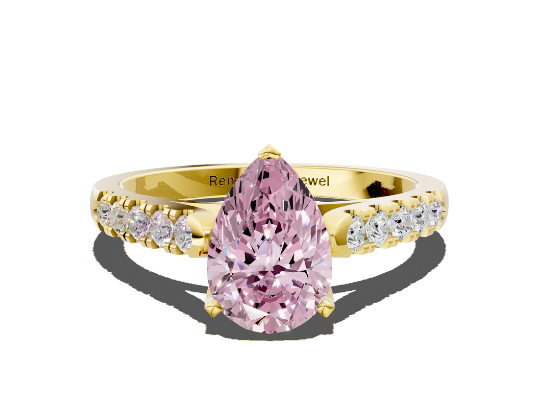 Yellow gold Fancy Pink Pear  Cut Pavé Band Solitaire Ring with Four-Prong Setting_25