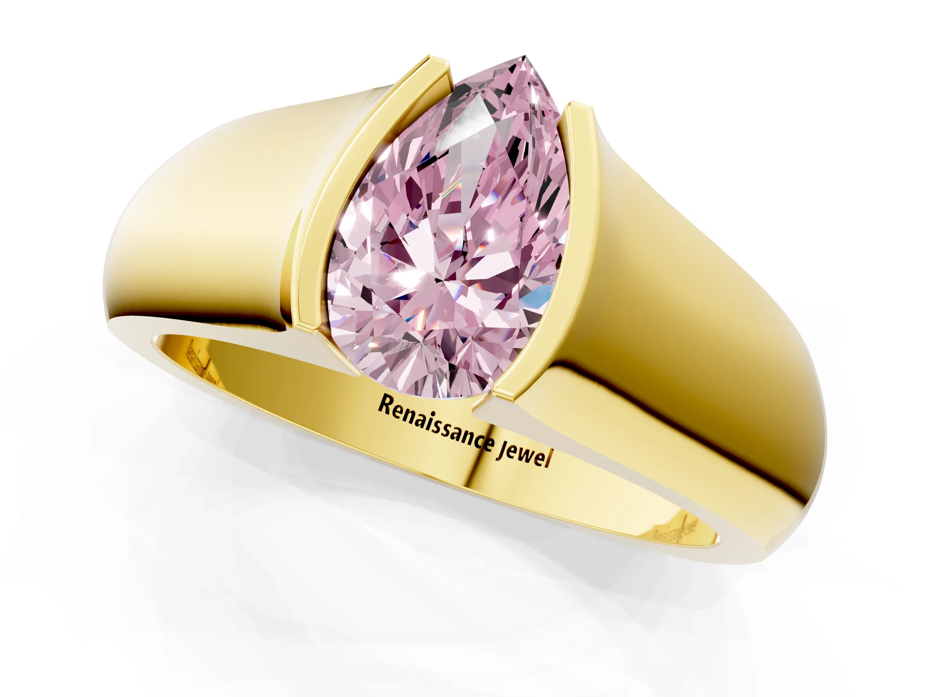 Yellow gold Fancy Pink Pear Cut Solitaire Bezel Set Diamond Ring with Wide Band_1