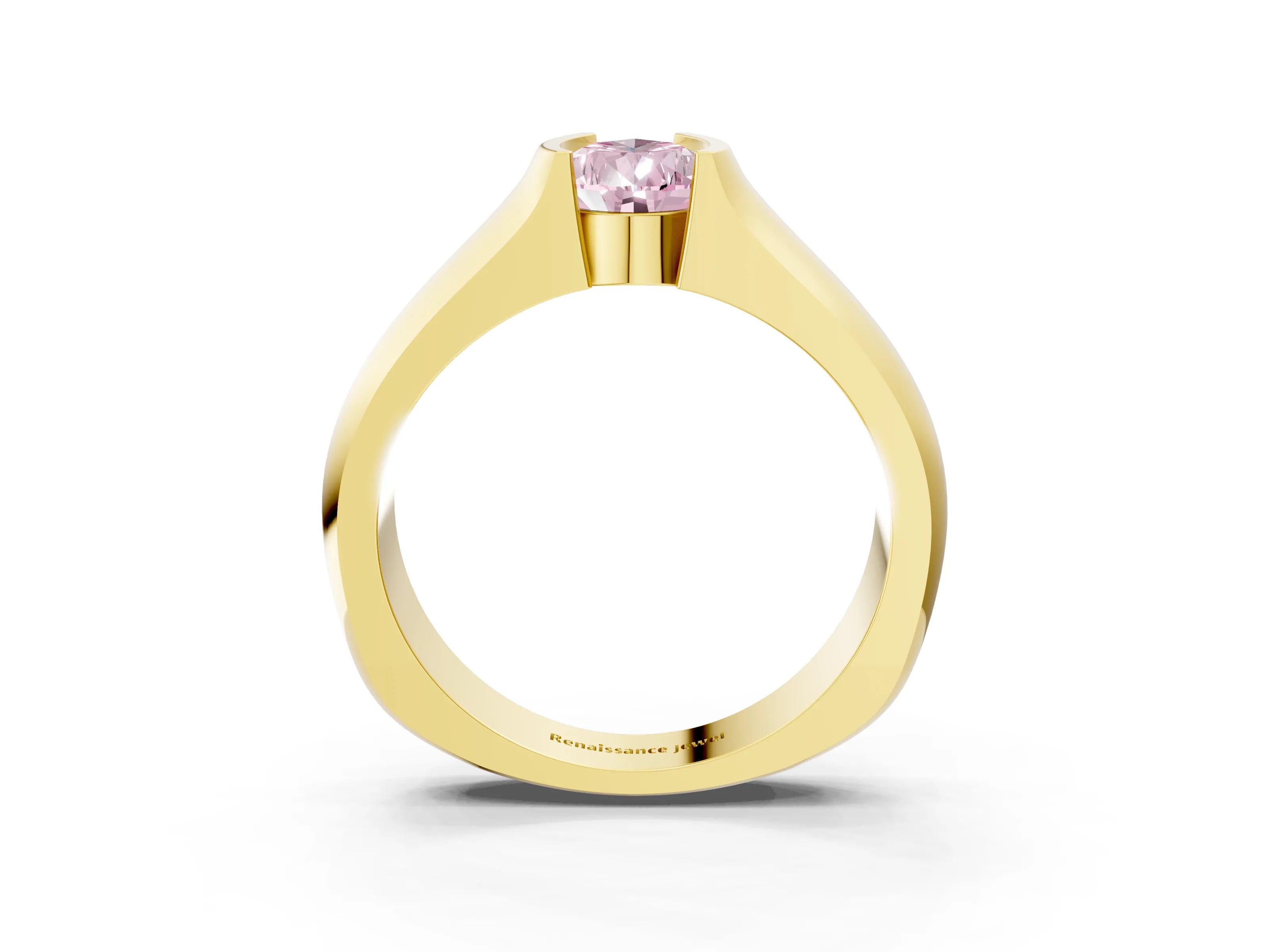 Yellow gold Fancy Pink Pear Cut Solitaire Bezel Set Diamond Ring with Wide Band_3