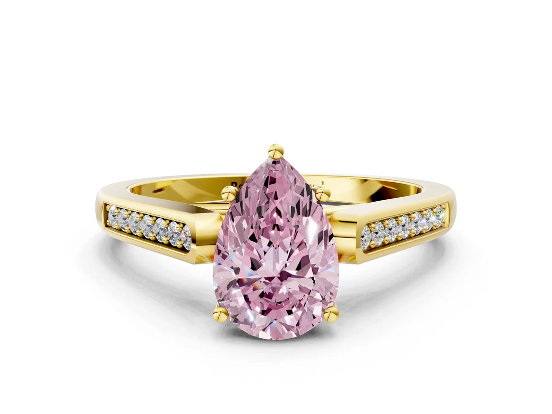 Yellow gold Fancy Pink Pear Cut Solitaire Cathedral Diamond Engagement Ring with Channel-Set Band and Four-Prong Setting_3