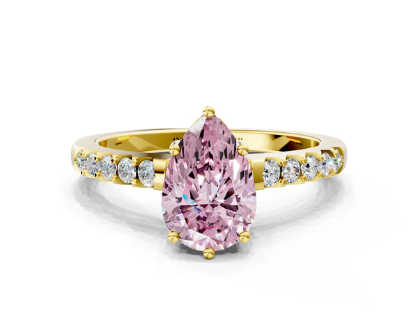 Yellow gold Fancy Pink Pear Cut Solitaire Diamond Engagement Ring with Pavé Band and Six-Prong Setting