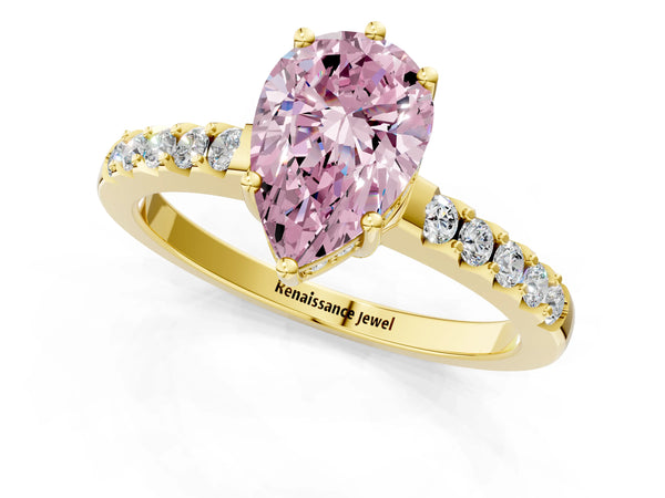 Yellow gold Fancy Pink Pear Cut Solitaire Diamond Engagement Ring with Pavé Band and Six-Prong Setting