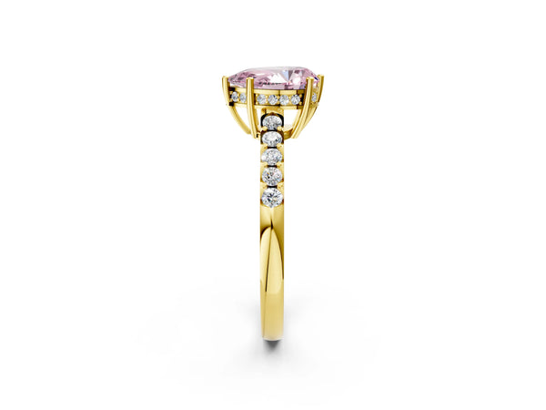 Yellow gold Fancy Pink Pear Cut Solitaire Diamond Engagement Ring with Pavé Band and Six-Prong Setting