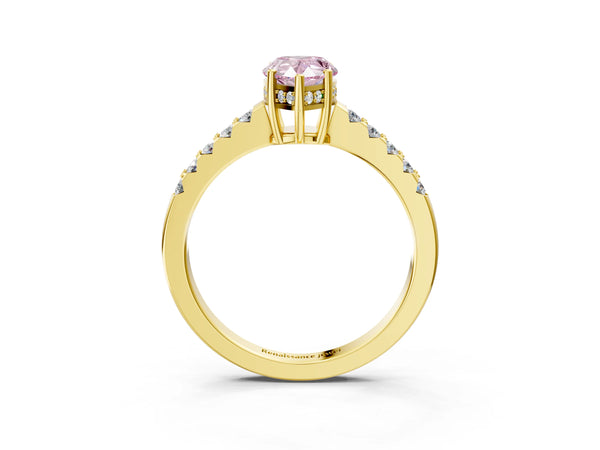 Yellow gold Fancy Pink Pear Cut Solitaire Diamond Engagement Ring with Pavé Band and Six-Prong Setting
