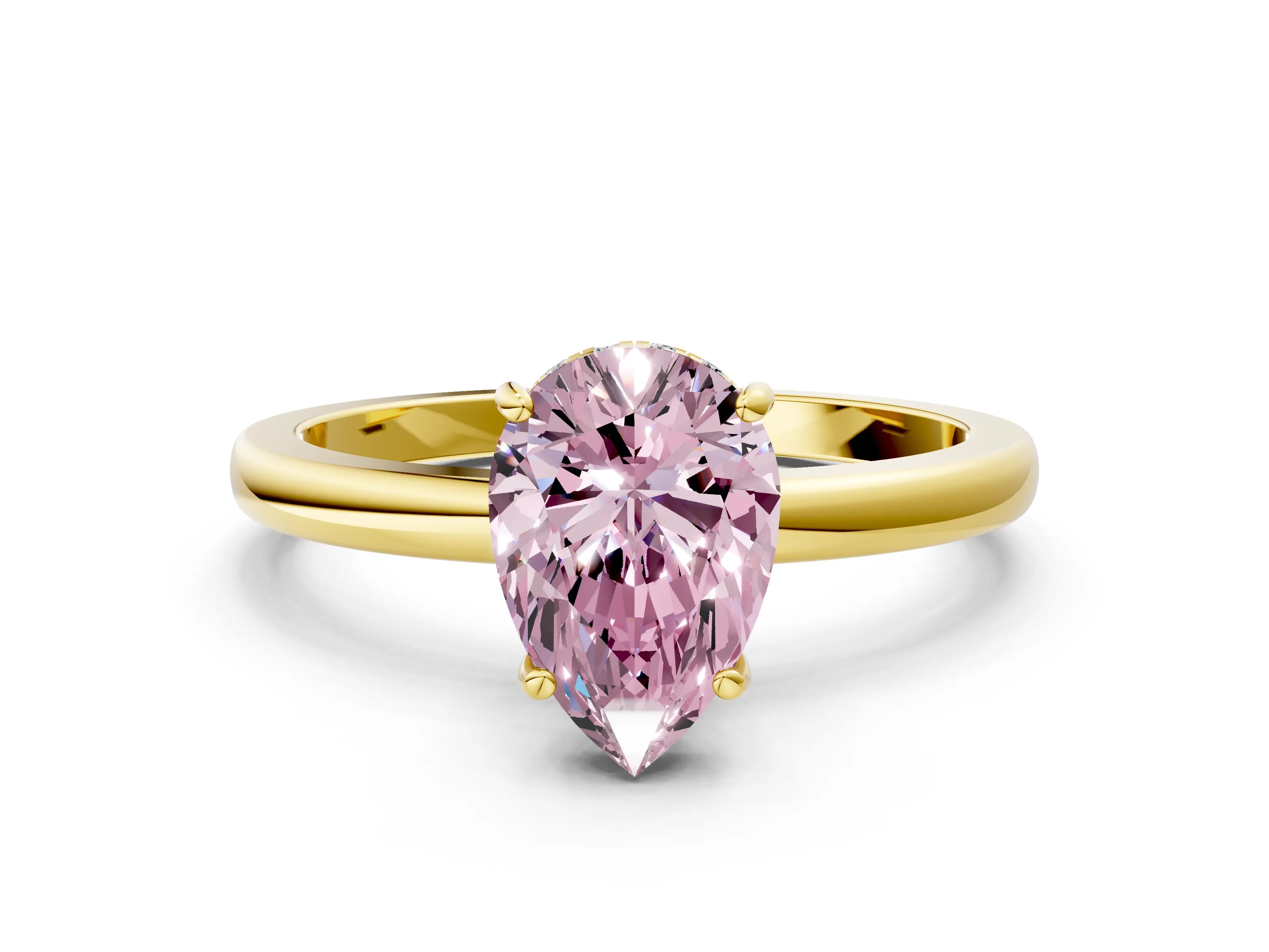 Yellow gold Fancy Pink Pear Cut Solitaire Diamond Ring with Prong Setting and Plain Band