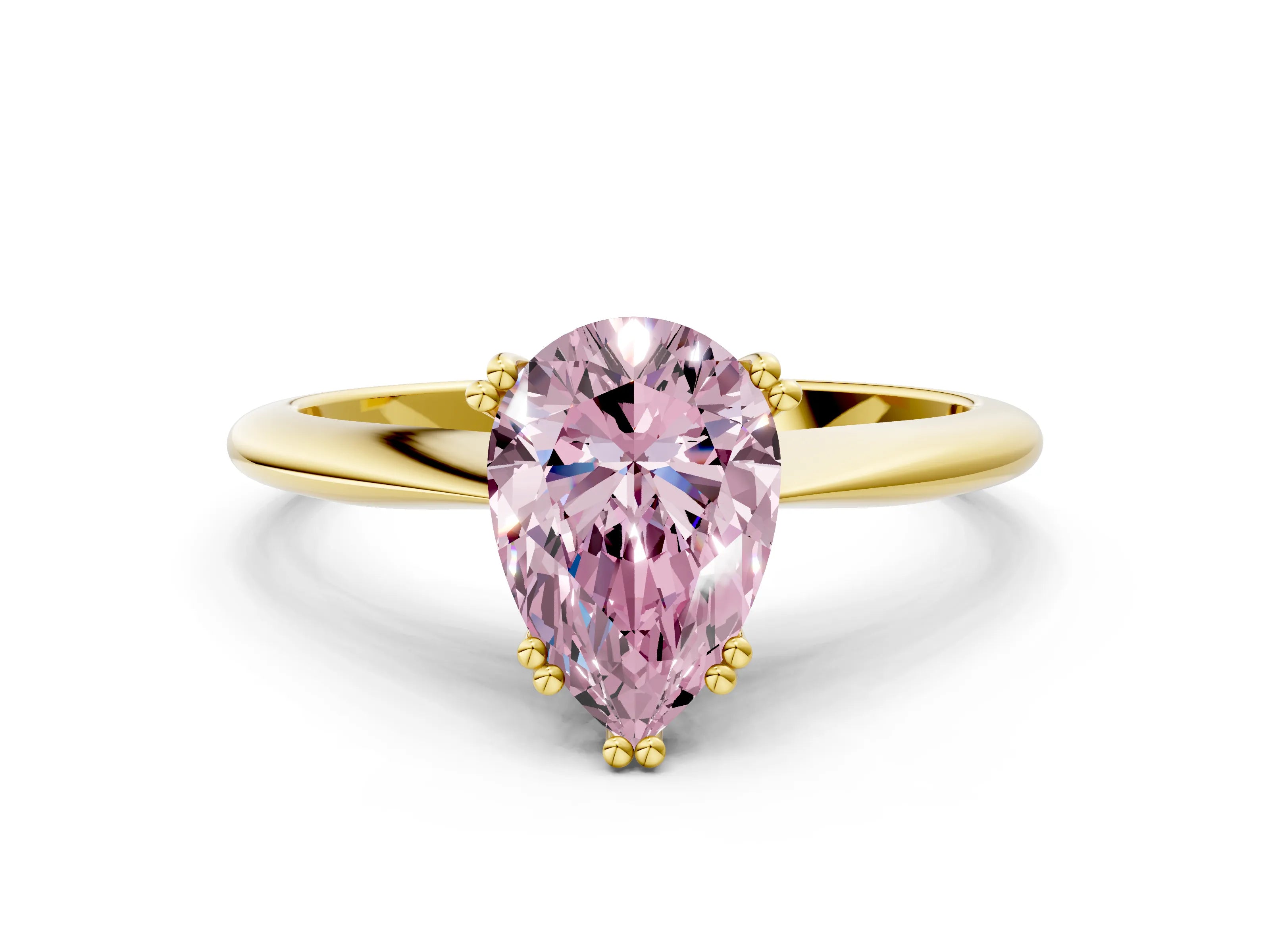 Yellow gold Fancy Pink Pear Cut Solitaire Diamond Ring with Six-Prong Setting and Classic Band
