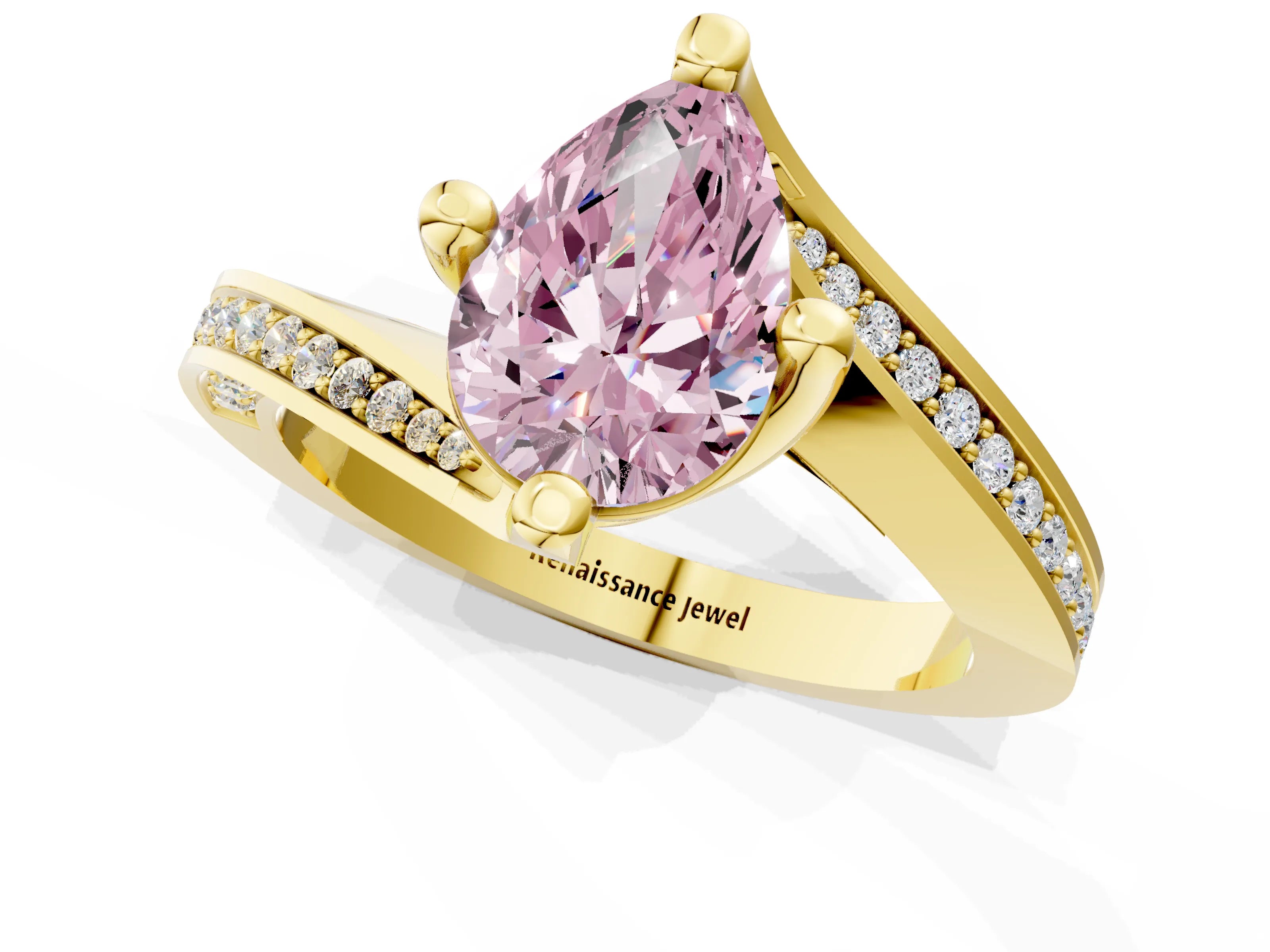Yellow gold Fancy Pink Pear Cut Solitaire Diamond Twist Band with Pavé Setting and Four-Prong Setting_1