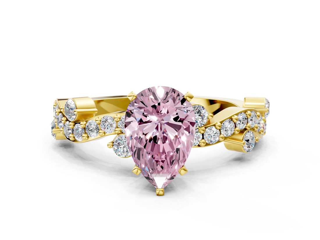 Yellow gold Fancy Pink Pear  Cut Solitaire Diamond Twisted Band with Pave Setting_59
