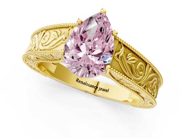 Yellow gold Fancy Pink Pear Cut Diamond Solitaire Ring with Engraved Band and Four-Prong Setting