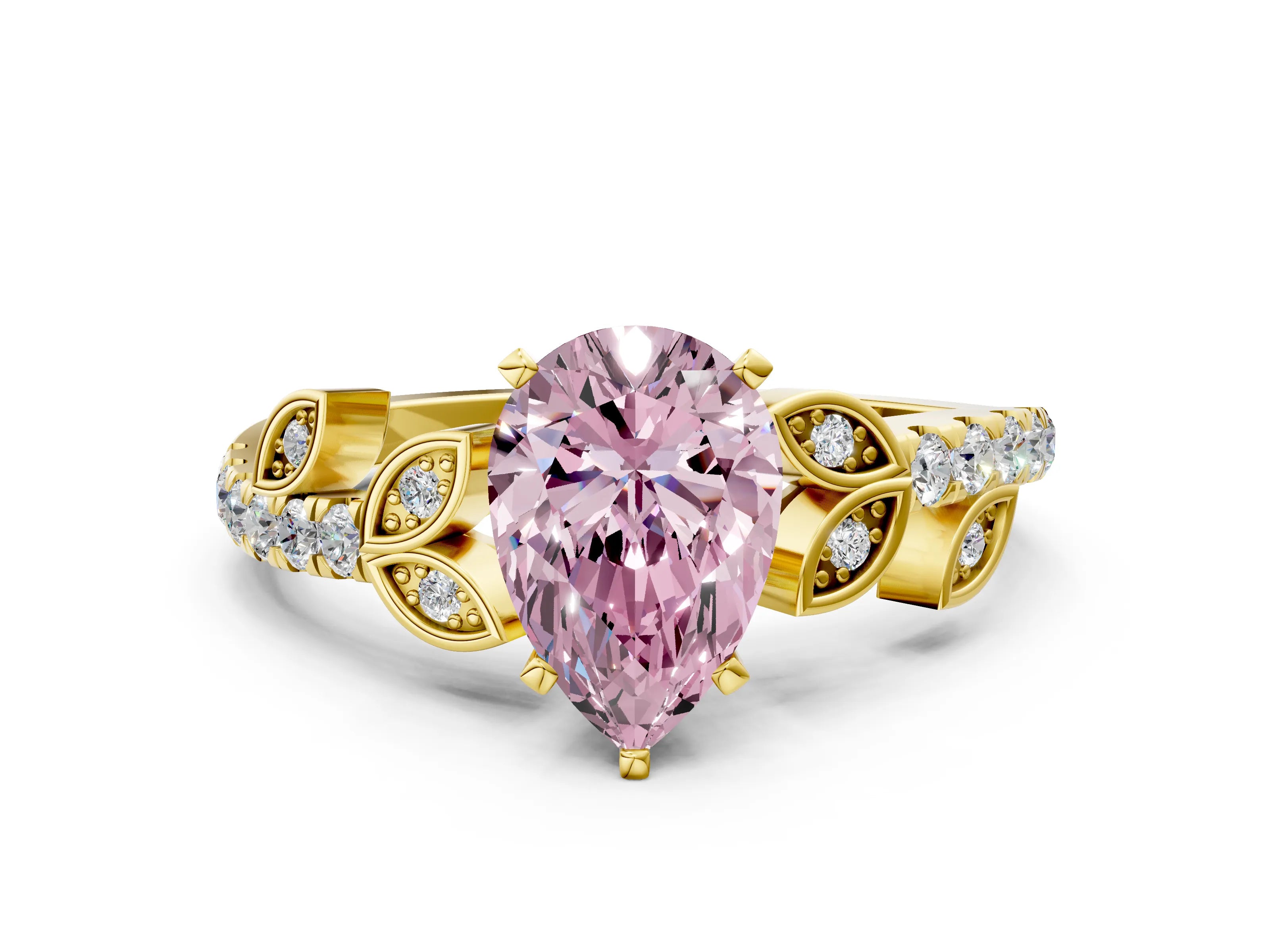 Yellow gold Fancy Pink Pear Cut Solitaire Leaf-Inspired Diamond Ring with Pavé Band and Four-Prong Setting