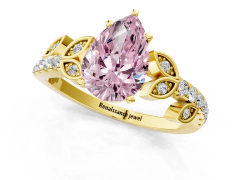 Yellow gold Fancy Pink Pear Cut Solitaire Leaf-Inspired Diamond Ring with Pavé Band and Four-Prong Setting_1