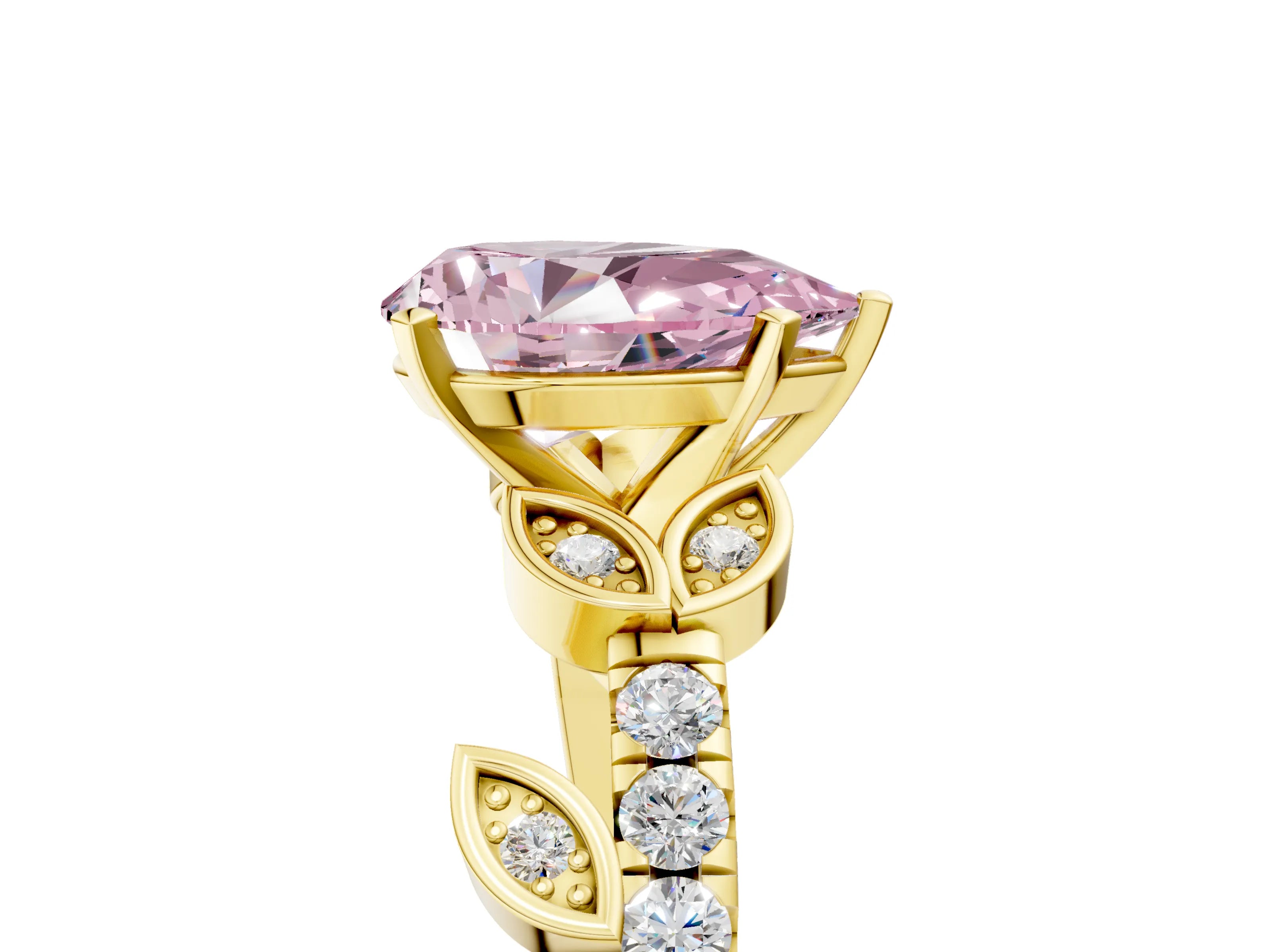 Yellow gold Fancy Pink Pear Cut Solitaire Leaf-Inspired Diamond Ring with Pavé Band and Four-Prong Setting_5