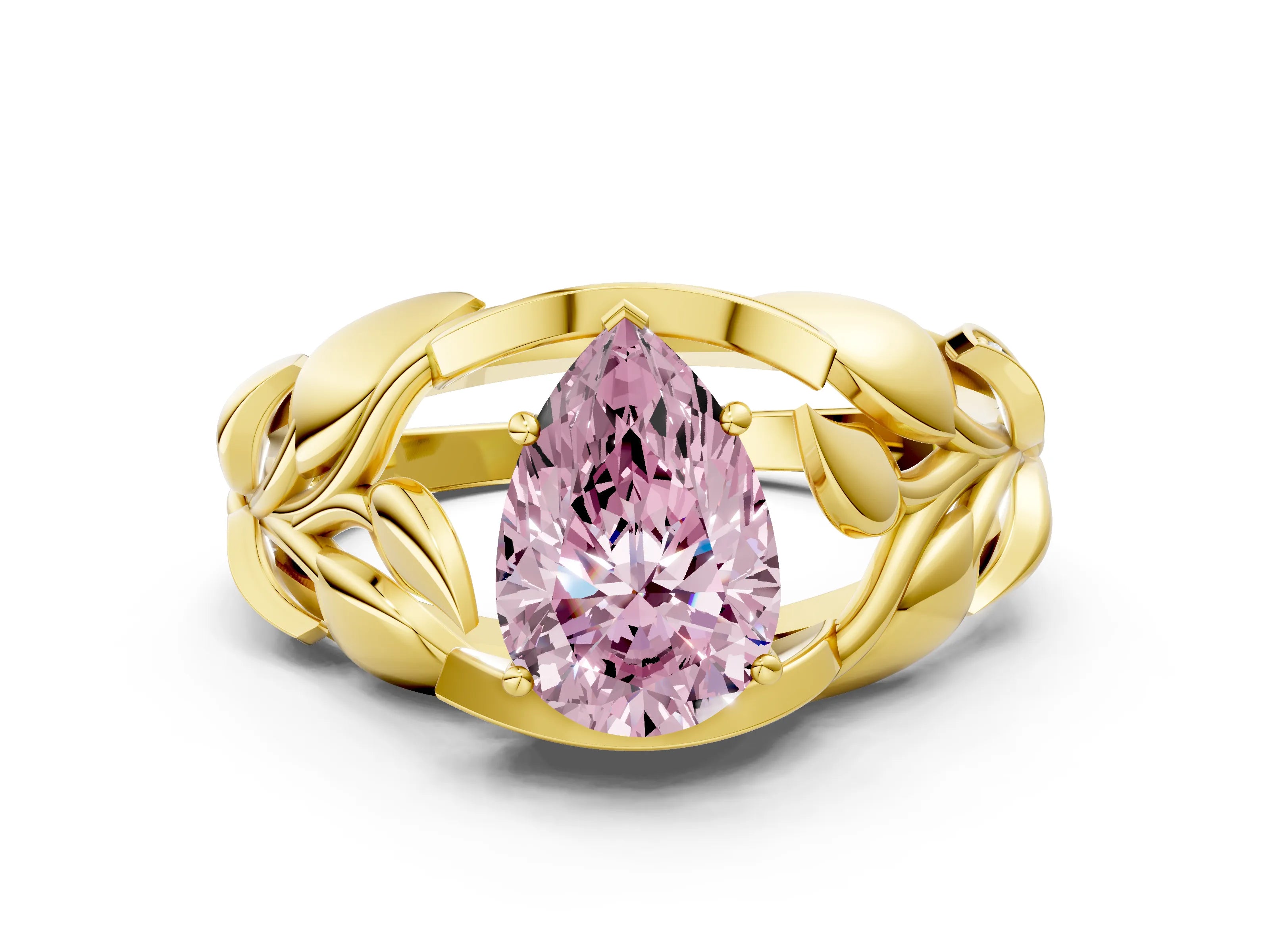 Yellow gold Fancy Pink Pear Cut Solitaire Leaf-Inspired Engagement Ring with Prong Setting