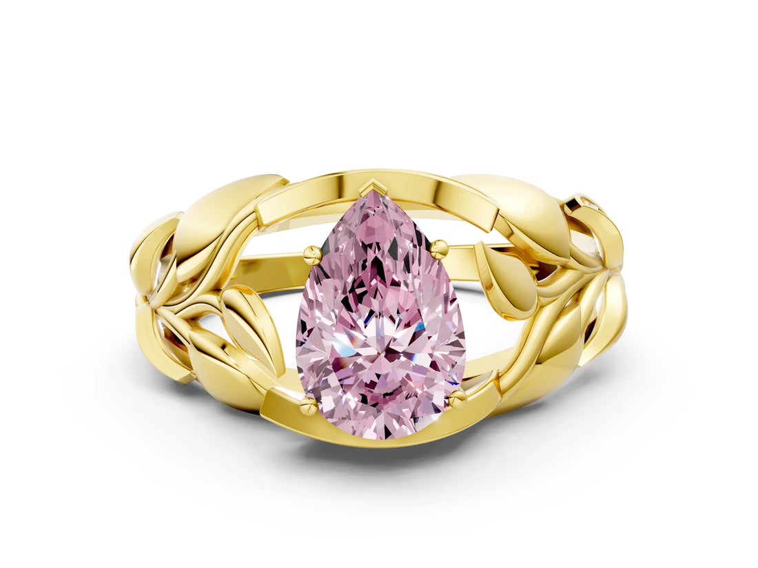 Yellow gold Fancy Pink Pear Cut Solitaire Leaf-Inspired Engagement Ring with Prong Setting_12