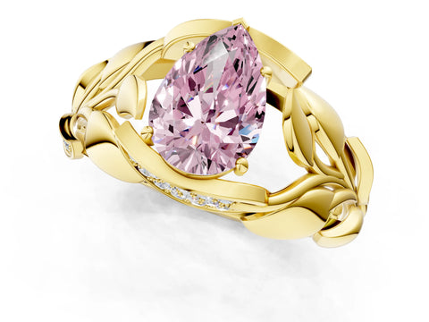 Yellow gold Fancy Pink Pear Cut Solitaire Leaf-Inspired Engagement Ring with Prong Setting_1