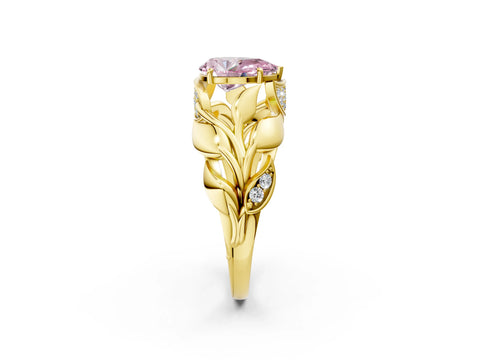 Yellow gold Fancy Pink Pear Cut Solitaire Leaf-Inspired Engagement Ring with Prong Setting_2