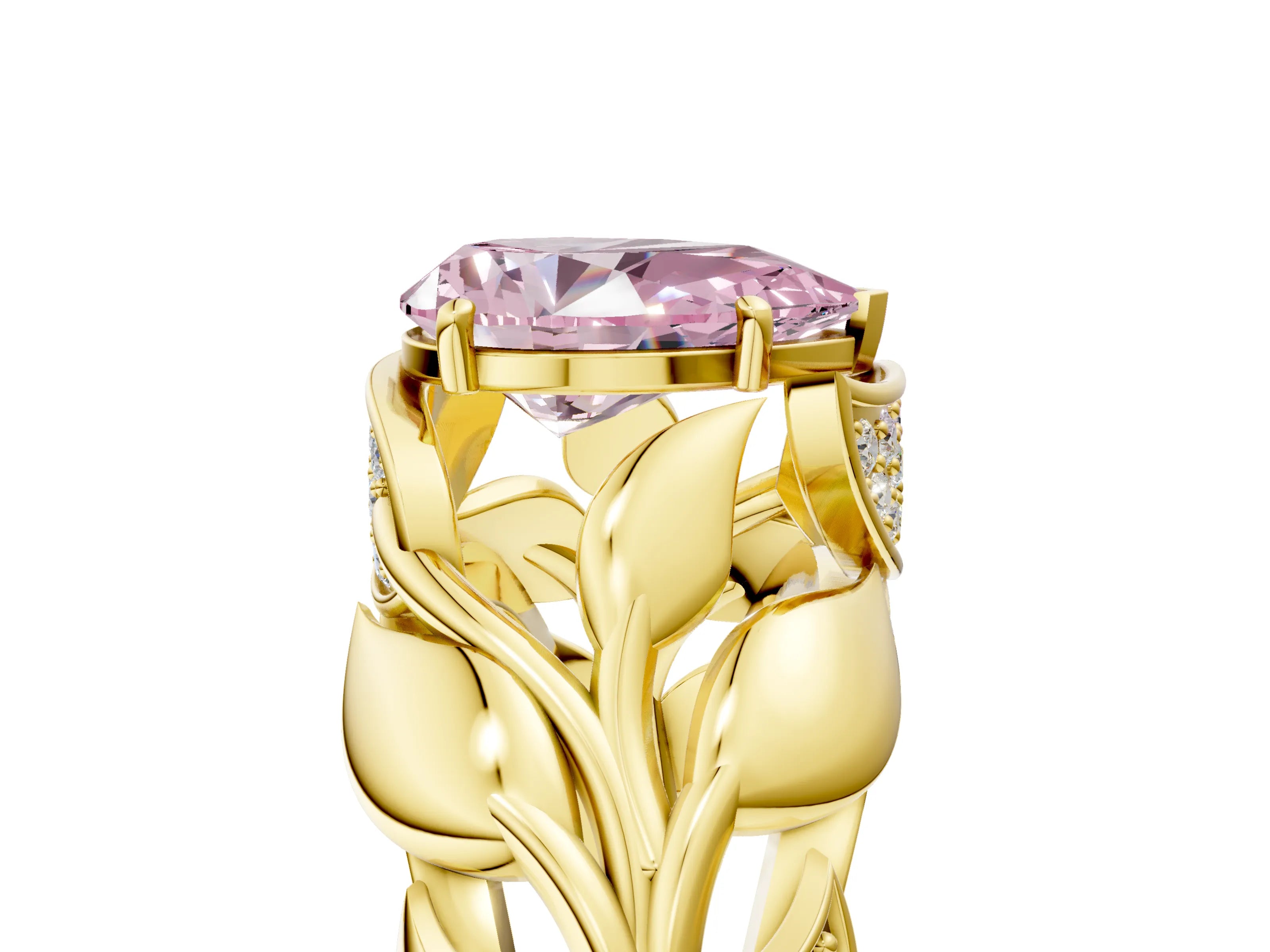 Yellow gold Fancy Pink Pear Cut Solitaire Leaf-Inspired Engagement Ring with Prong Setting_5