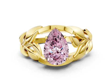 Yellow gold Fancy Pink Pear Cut Solitaire Leaf-Inspired Engagement Ring with Prong Setting