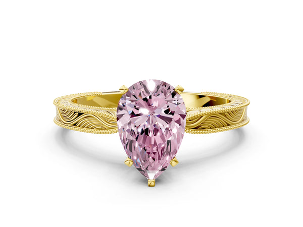 Yellow gold Fancy Pink Pear Cut Solitaire Milgrain Engraved Band with Four-Prong Setting
