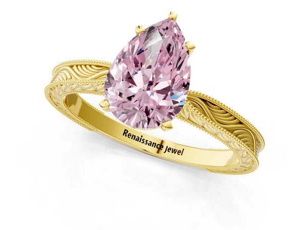 Yellow gold Fancy Pink Pear Cut Solitaire Milgrain Engraved Band with Four-Prong Setting