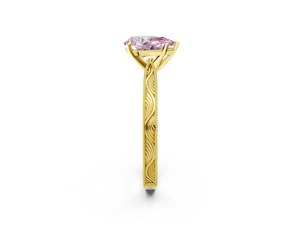 Yellow gold Fancy Pink Pear Cut Solitaire Milgrain Engraved Band with Four-Prong Setting