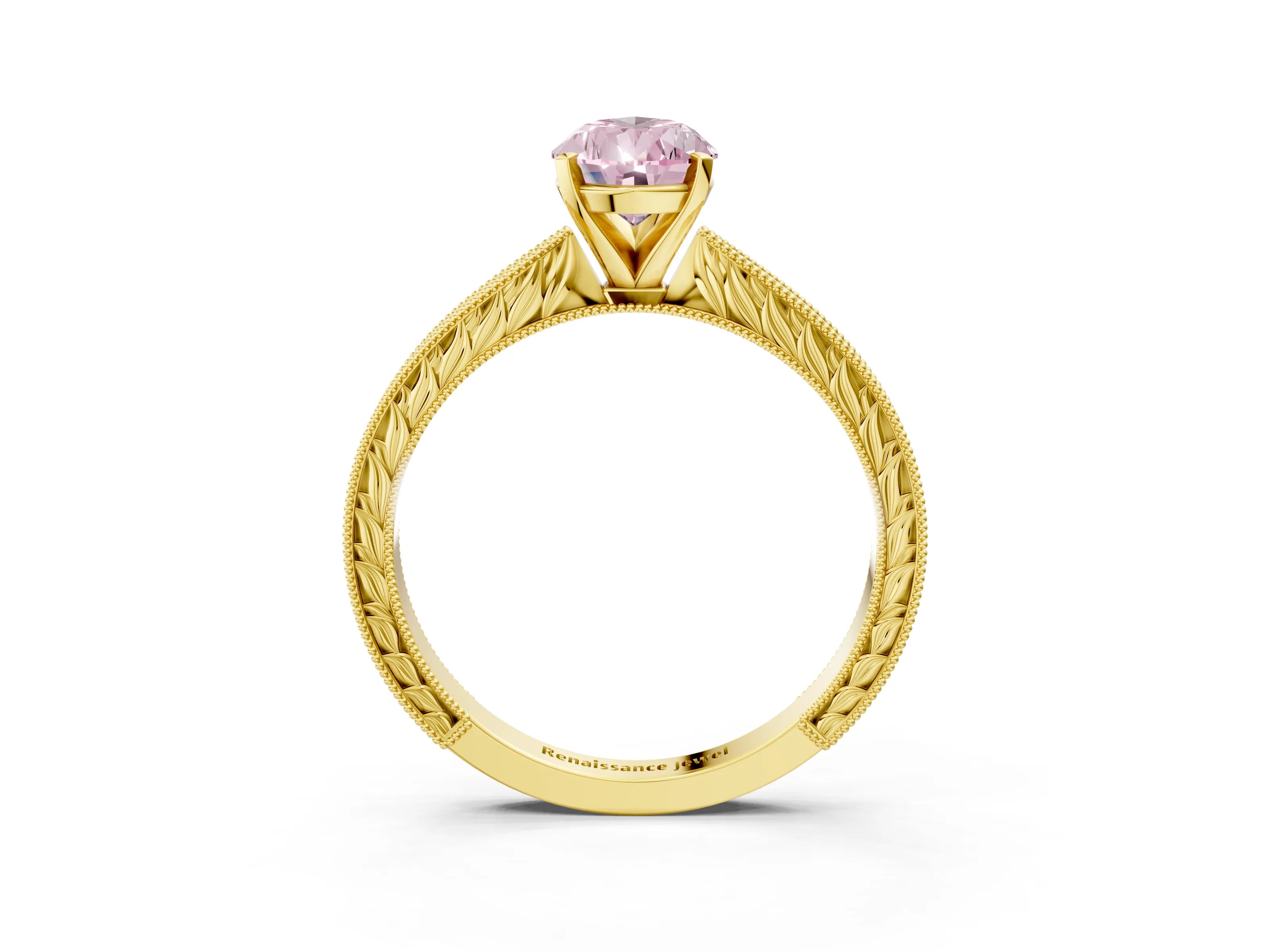 Yellow gold Fancy Pink Pear Cut Solitaire Milgrain Engraved Band with Four-Prong Setting_3