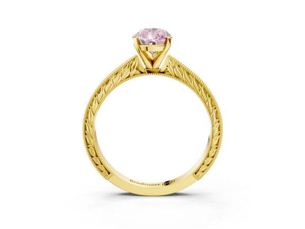Yellow gold Fancy Pink Pear Cut Solitaire Milgrain Engraved Band with Four-Prong Setting