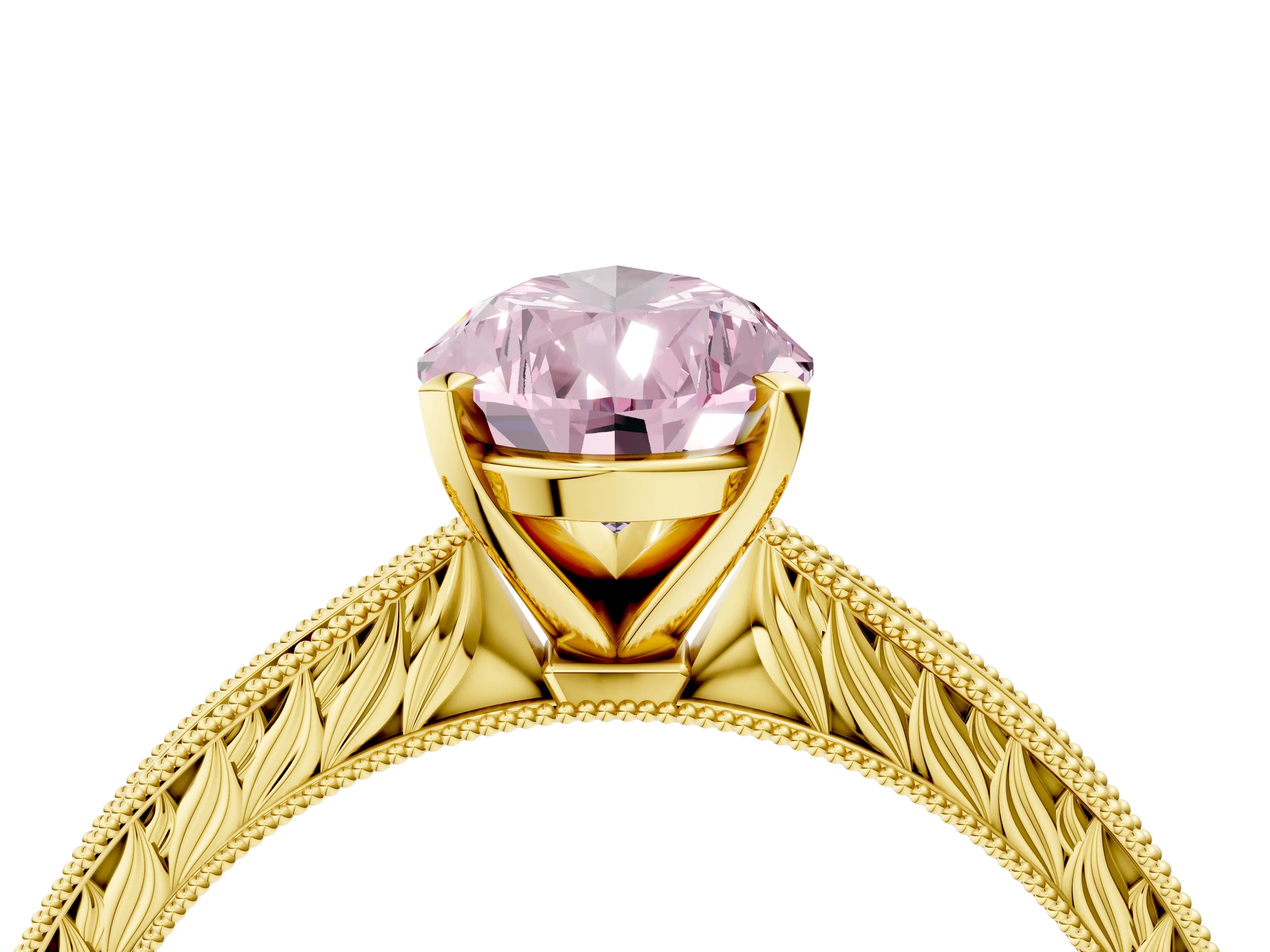 Yellow gold Fancy Pink Pear Cut Solitaire Milgrain Engraved Band with Four-Prong Setting_4