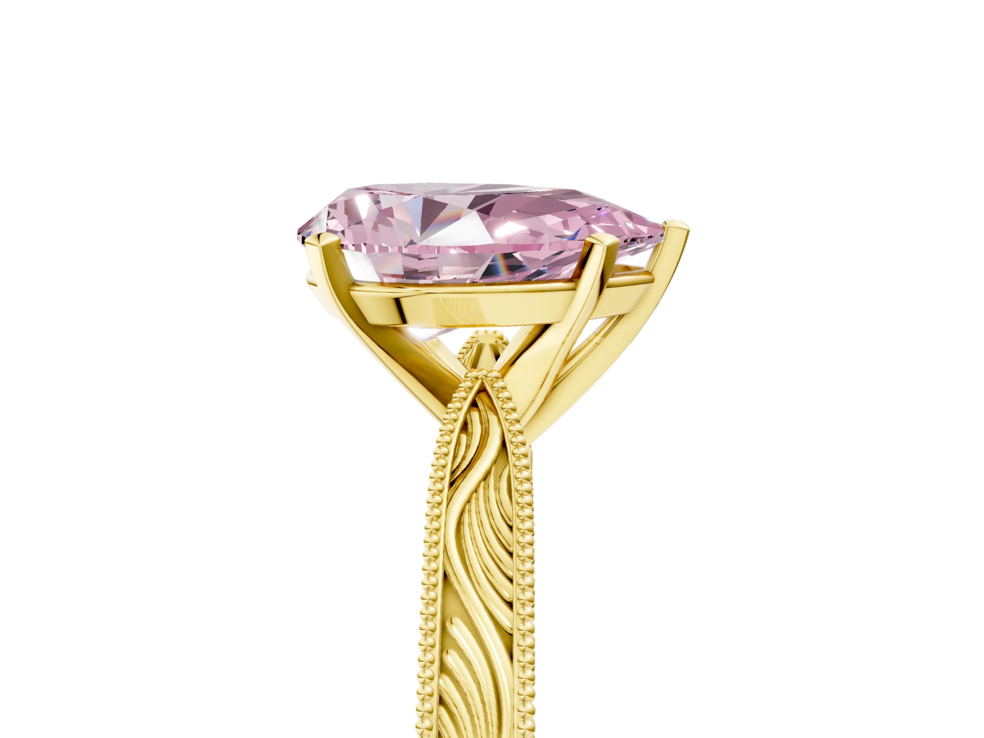 Yellow gold Fancy Pink Pear Cut Solitaire Milgrain Engraved Band with Four-Prong Setting_5