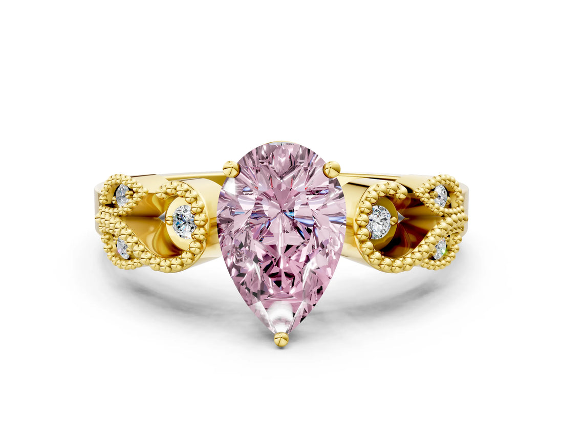 Yellow gold Fancy Pink Pear Cut Solitaire Milgrain Leaf Band with Prong Setting