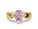 Yellow gold Fancy Pink Pear Cut Solitaire Milgrain Leaf Band with Prong Setting