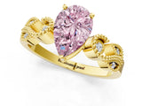 Yellow gold Fancy Pink Pear Cut Solitaire Milgrain Leaf Band with Prong Setting_1