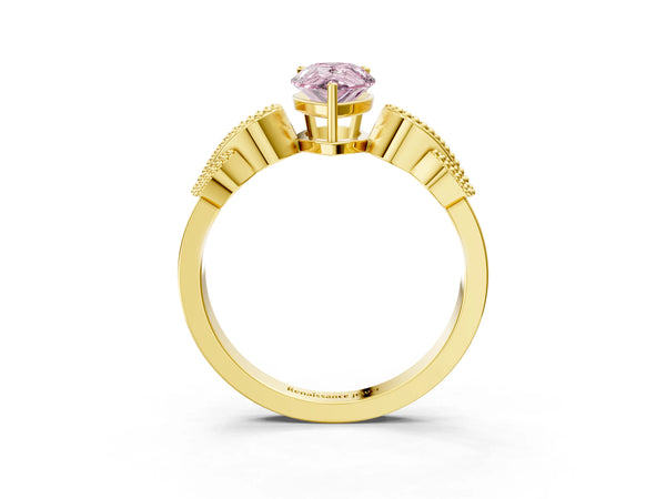 Yellow gold Fancy Pink Pear Cut Solitaire Milgrain Leaf Band with Prong Setting