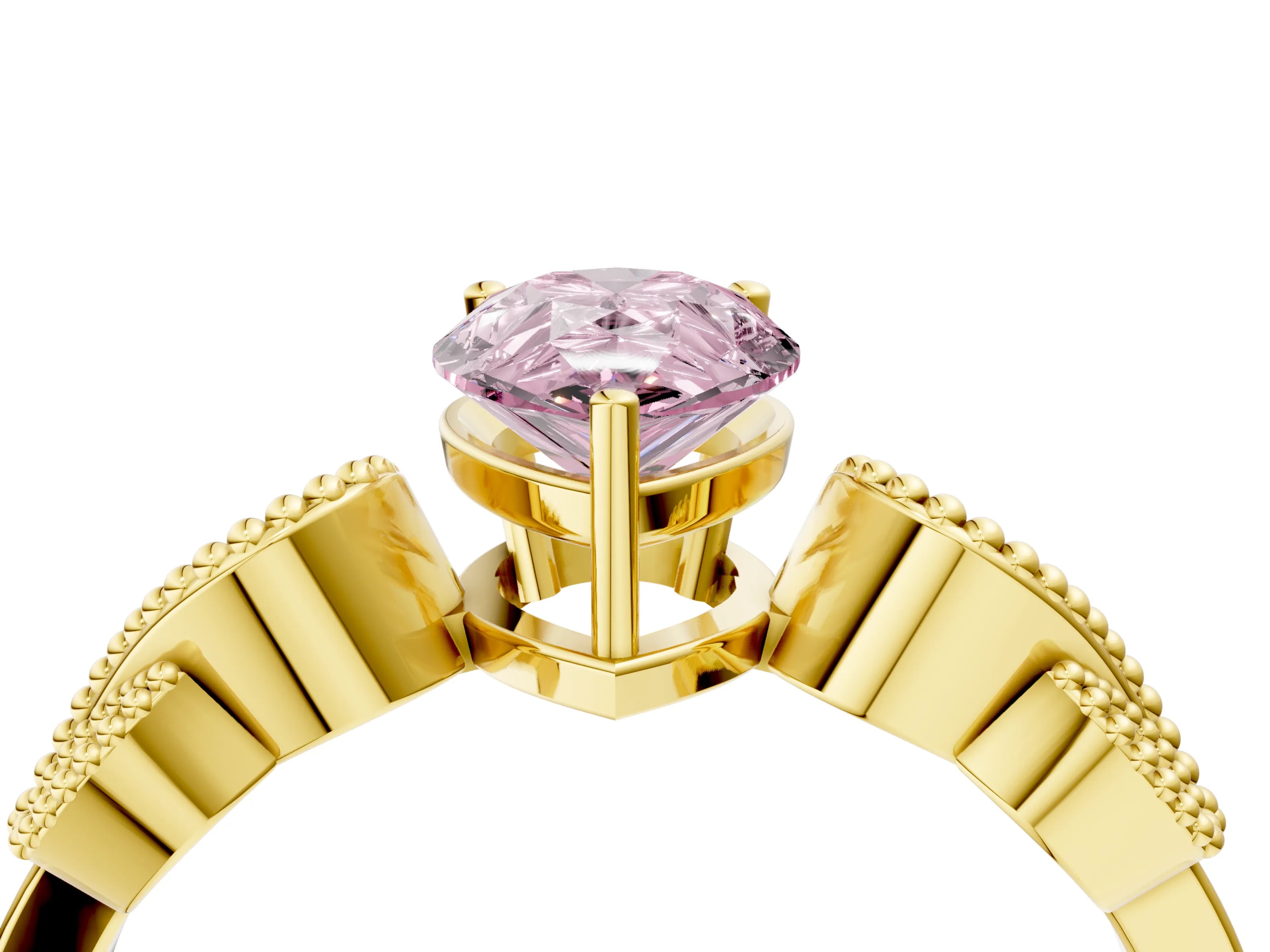 Yellow gold Fancy Pink Pear Cut Solitaire Milgrain Leaf Band with Prong Setting_4