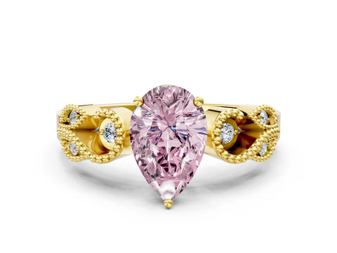 Yellow gold Fancy Pink Pear Cut Solitaire Milgrain Leaf Band with Prong Setting