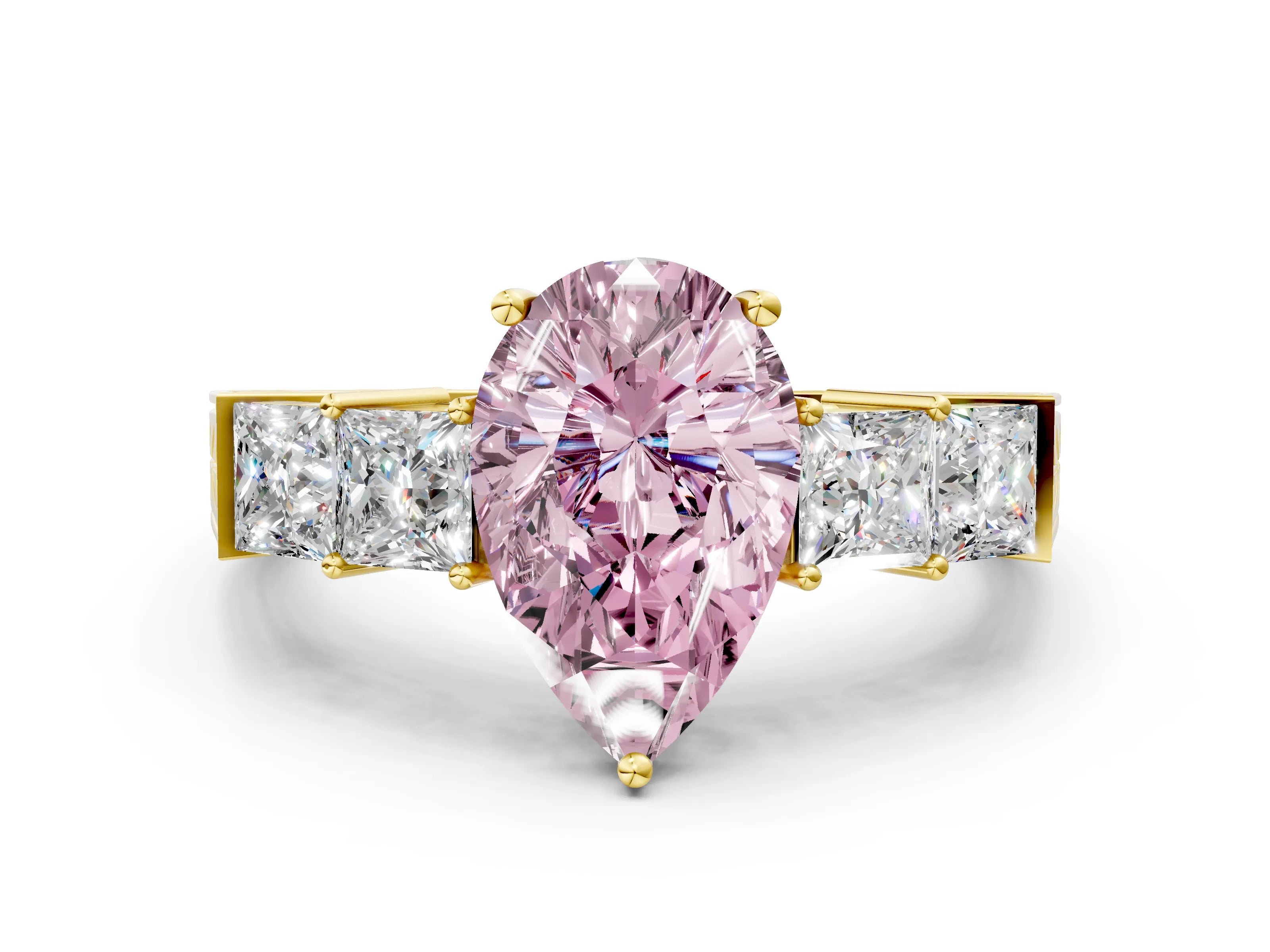 Yellow gold Fancy Pink Pear Cut Solitaire Princess Side Stone Engraved Band Prong Setting Ring
