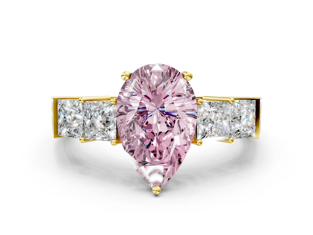 Yellow gold Fancy Pink Pear Cut Solitaire Princess Side Stone Engraved Band Prong Setting Ring