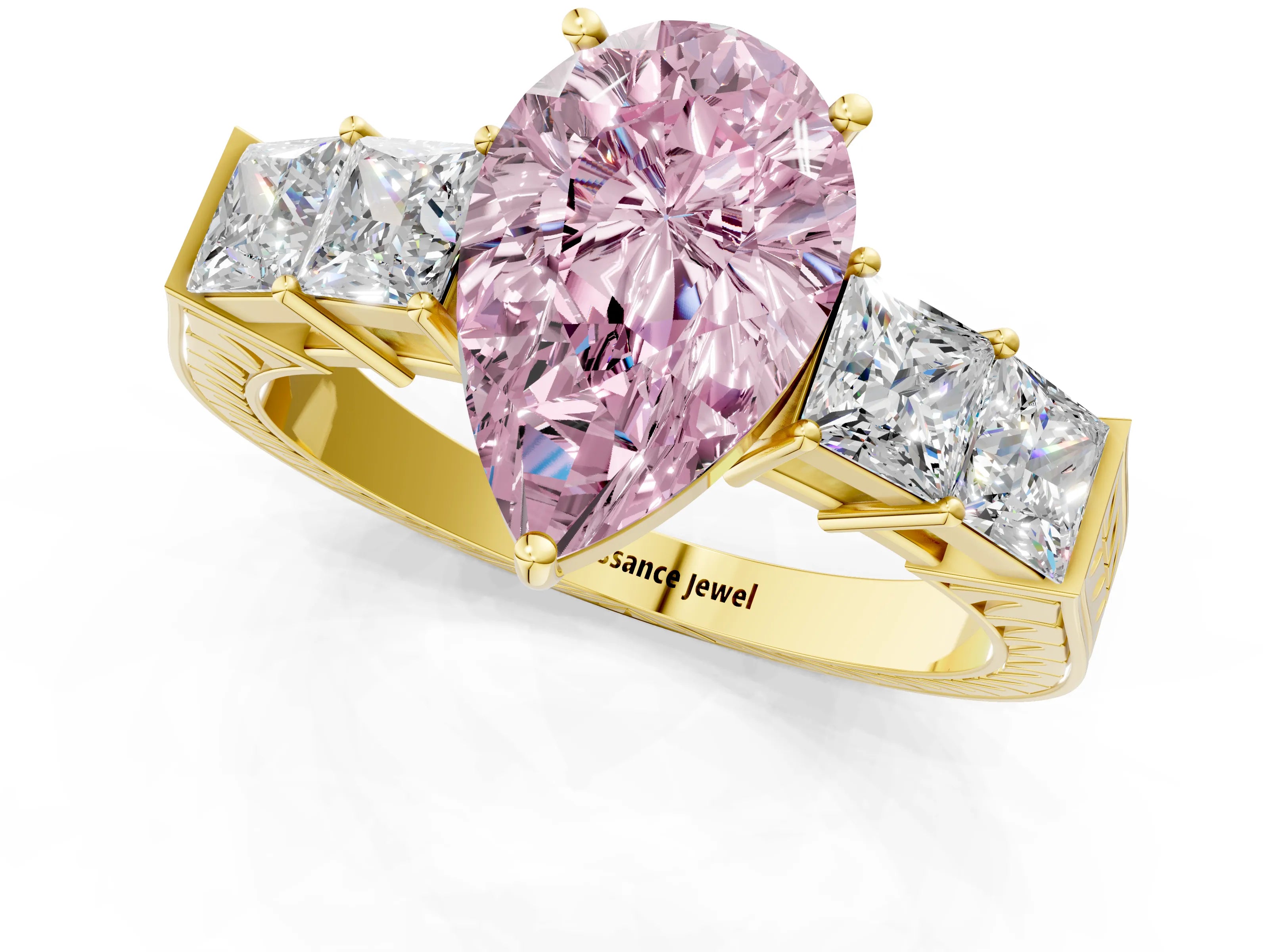 Yellow gold Fancy Pink Pear Cut Solitaire Princess Side Stone Engraved Band Prong Setting Ring_1