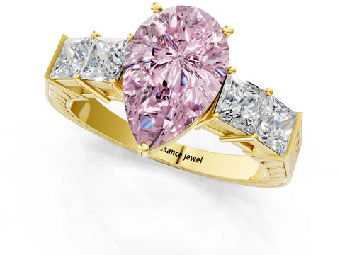 Yellow gold Fancy Pink Pear Cut Solitaire Princess Side Stone Engraved Band Prong Setting Ring_1