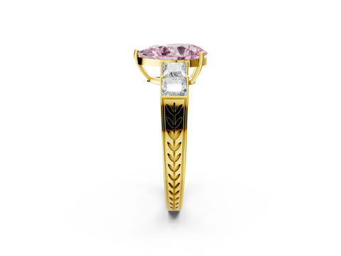Yellow gold Fancy Pink Pear Cut Solitaire Princess Side Stone Engraved Band Prong Setting Ring_2