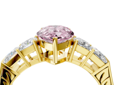 Yellow gold Fancy Pink Pear Cut Solitaire Princess Side Stone Engraved Band Prong Setting Ring_4
