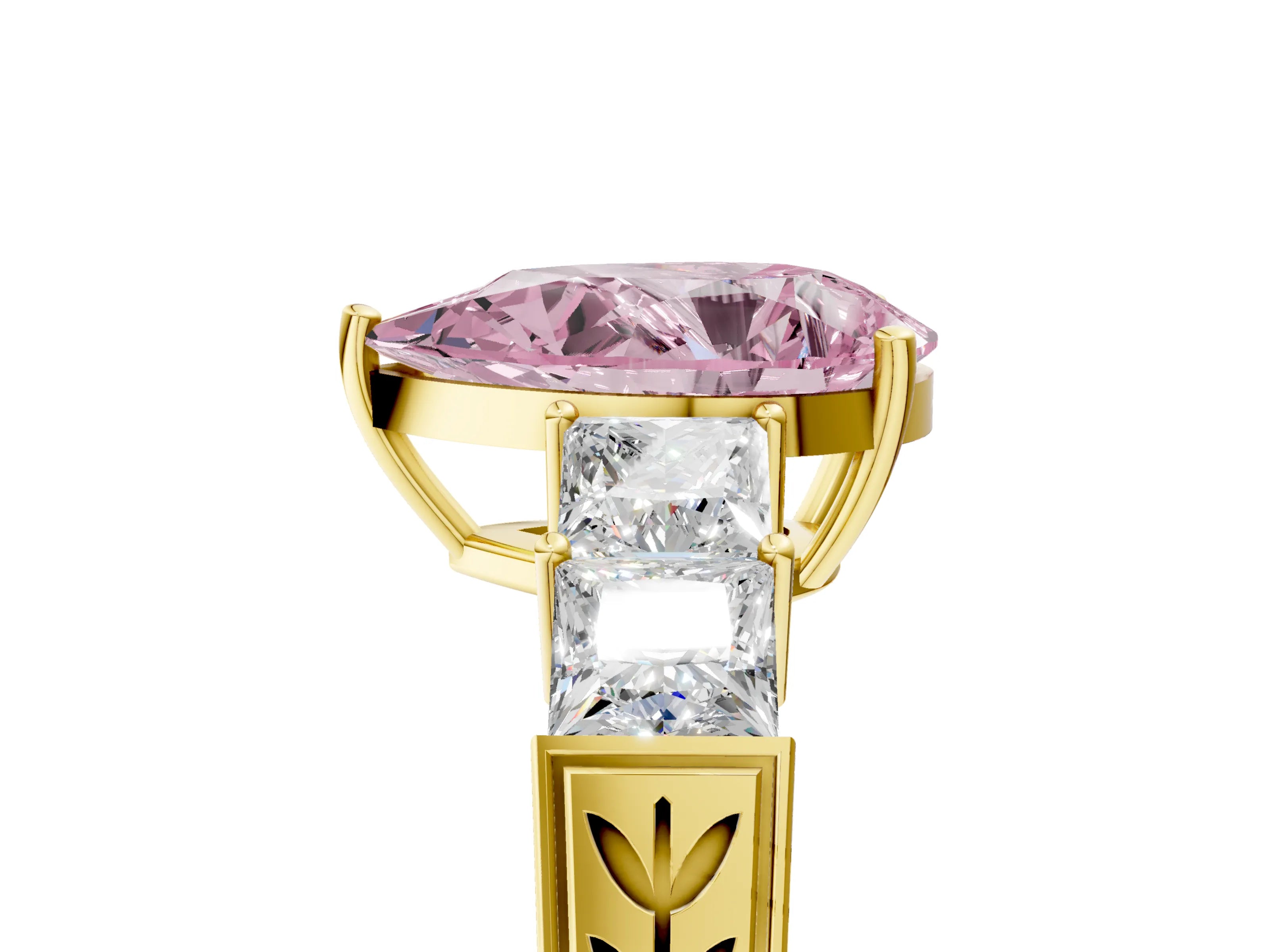 Yellow gold Fancy Pink Pear Cut Solitaire Princess Side Stone Engraved Band Prong Setting Ring_5