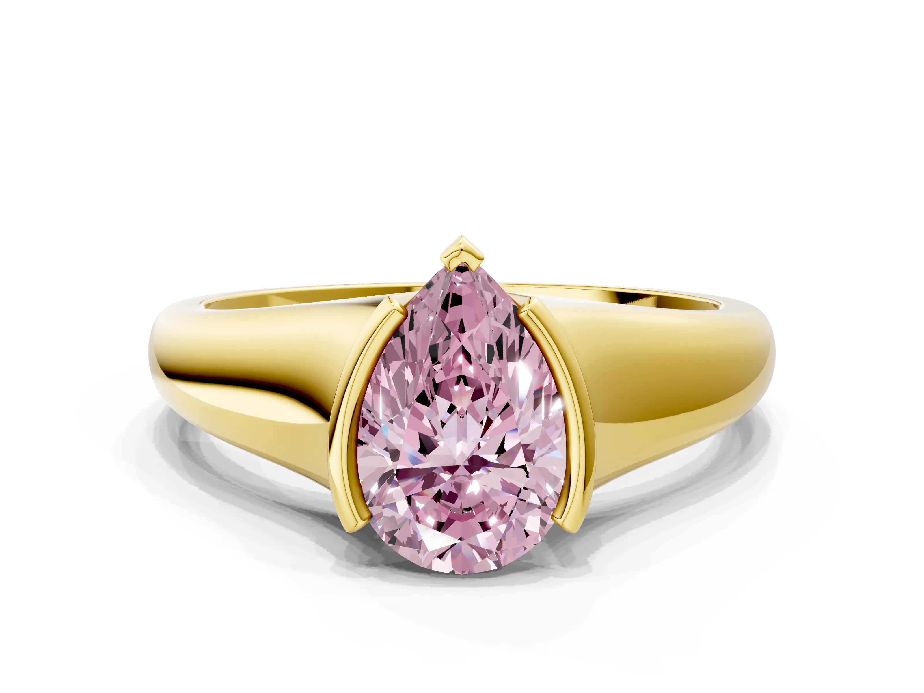 Yellow gold Fancy Pink Pear Cut Solitaire Tension Set Diamond Ring with Split Shank Band