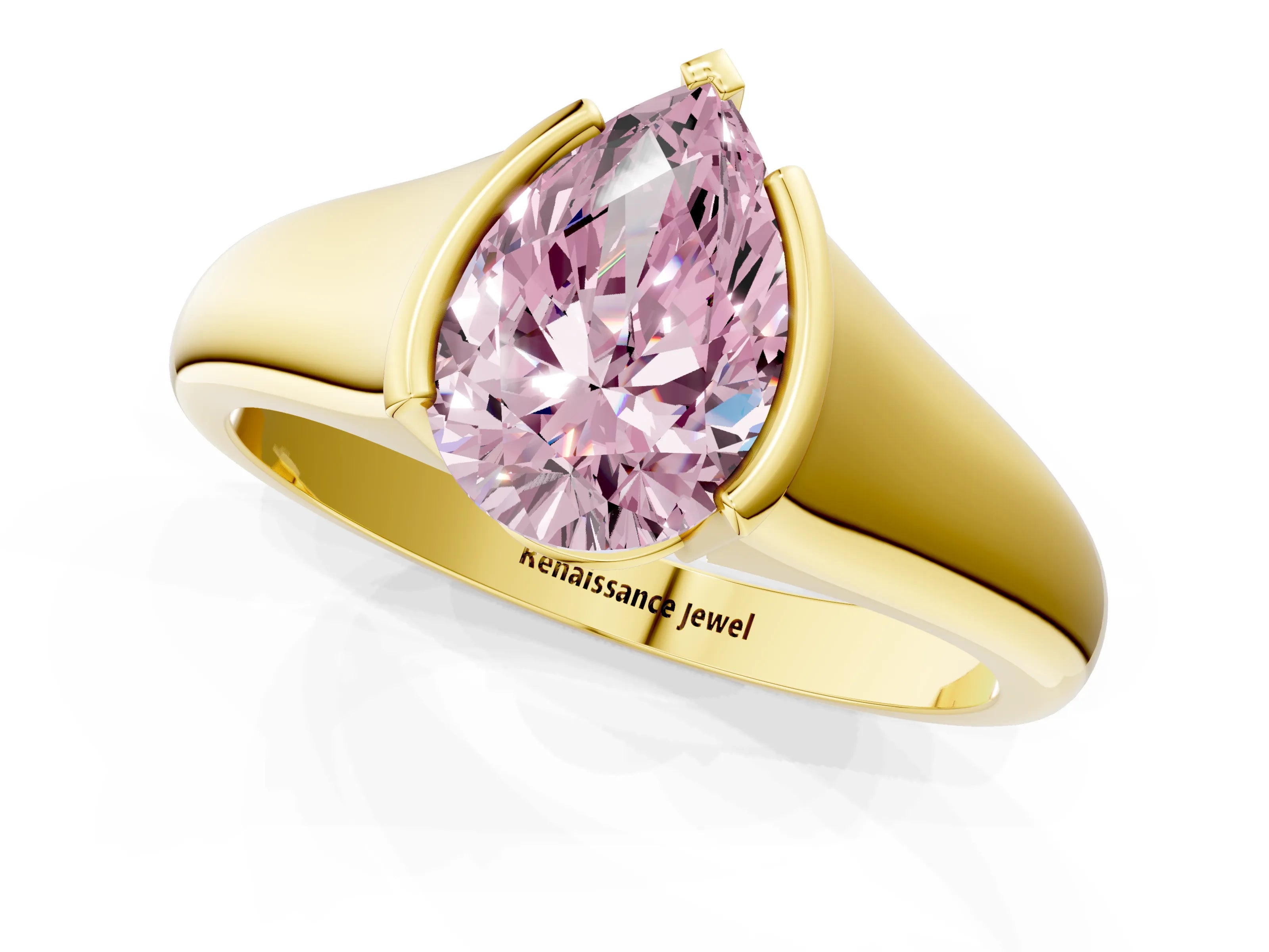 Yellow gold Fancy Pink Pear Cut Solitaire Tension Set Diamond Ring with Split Shank Band_1