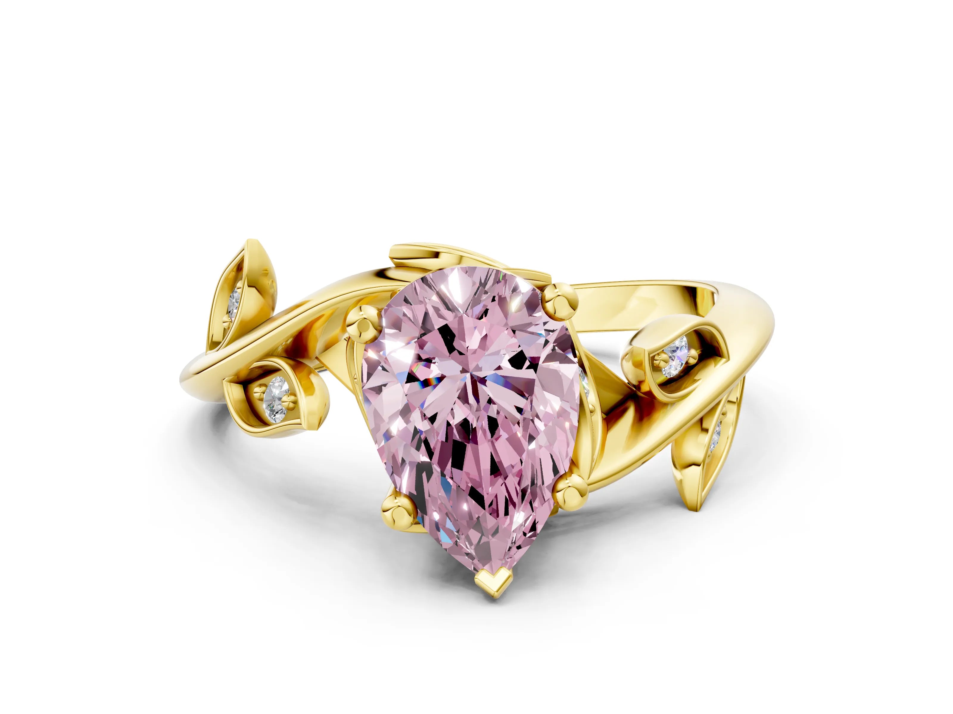 Yellow gold Fancy Pink Pear Cut Solitaire Twist Engagement Ring with Leaf Accents and Prong Setting_12