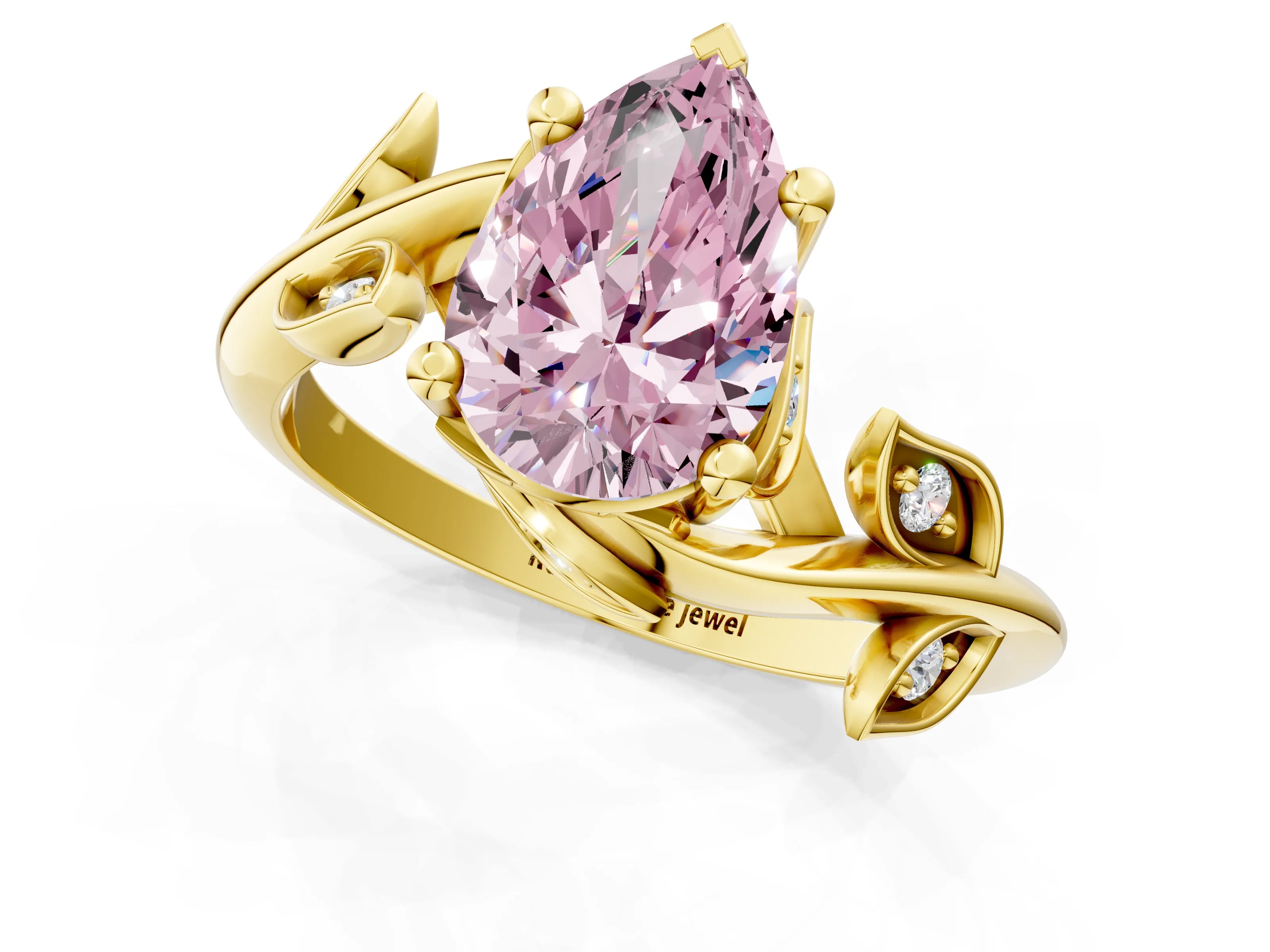 Yellow gold Fancy Pink Pear Cut Solitaire Twist Engagement Ring with Leaf Accents and Prong Setting_13