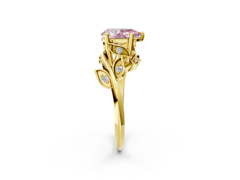 Yellow gold Fancy Pink Pear Cut Solitaire Twist Engagement Ring with Leaf Accents and Prong Setting_14