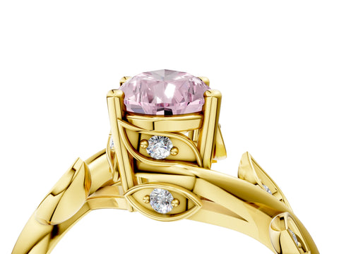 Yellow gold Fancy Pink Pear Cut Solitaire Twist Engagement Ring with Leaf Accents and Prong Setting_16