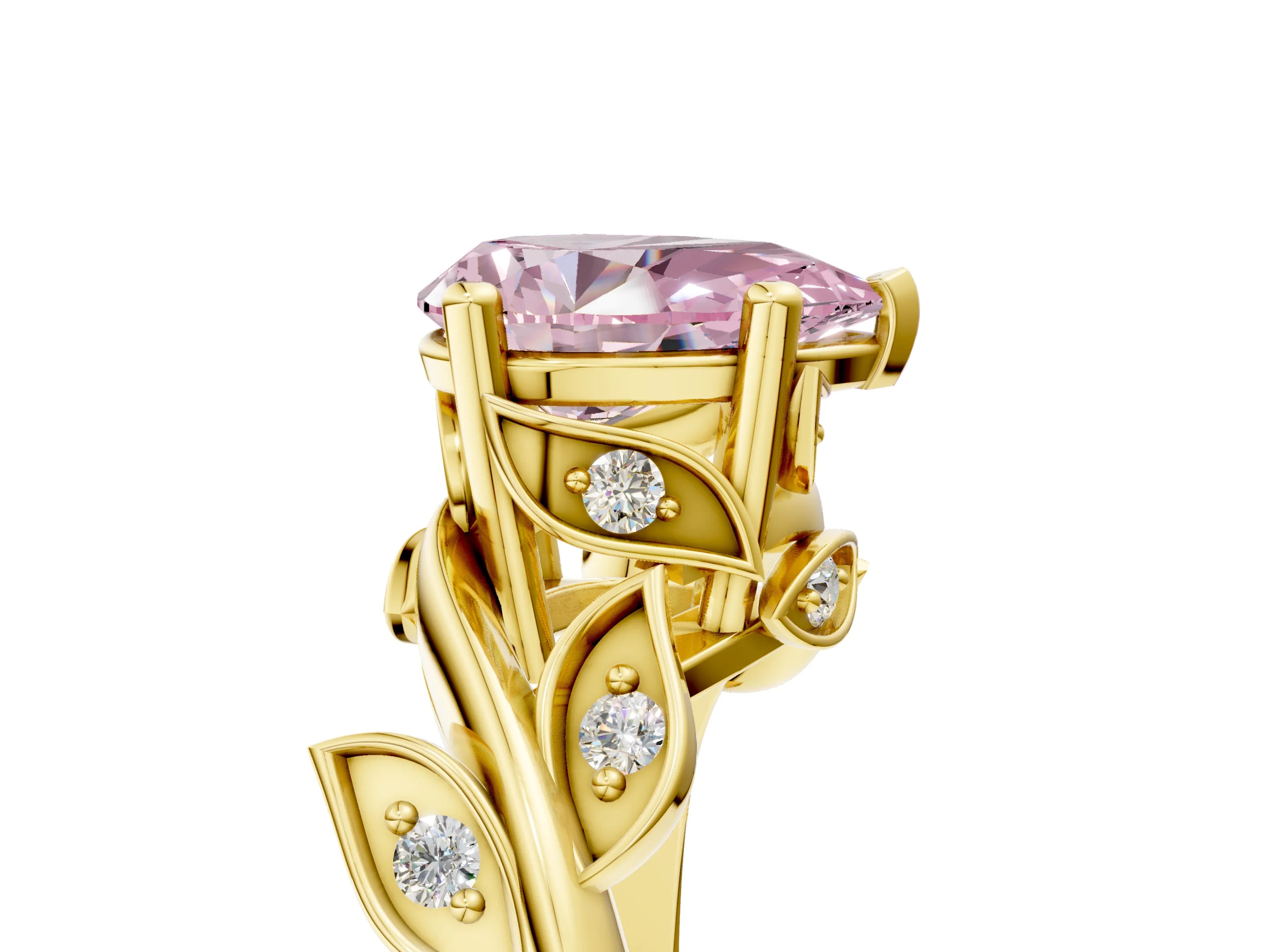 Yellow gold Fancy Pink Pear Cut Solitaire Twist Engagement Ring with Leaf Accents and Prong Setting_17